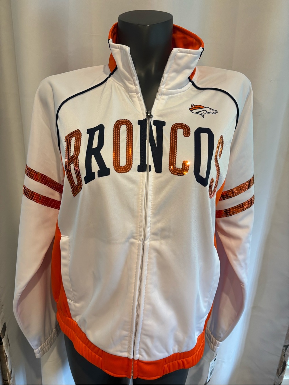 NFL White and Orange Broncos Sequin Lettering Zip Jacket